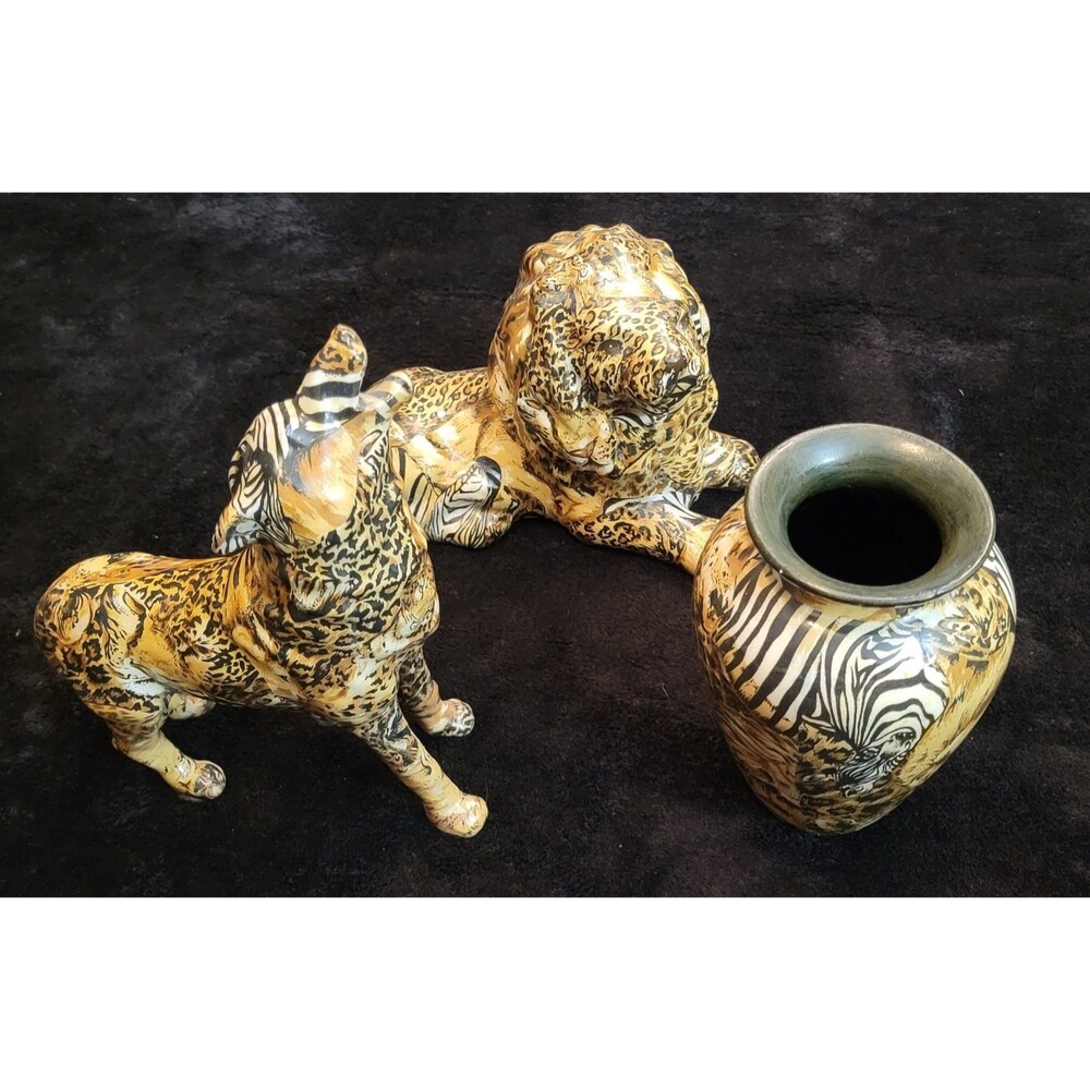 Vintage La Vie Safari Collection Patchwork Ceramic Lion Vase Wolf